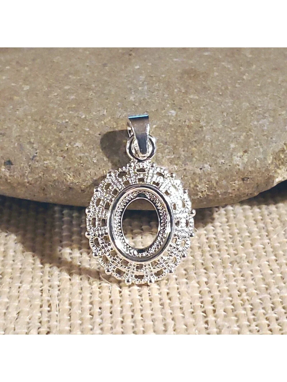 Sterling Silver Plated Art Nouveau Filigree 10x8mm Oval Cabochon Pendant Setting